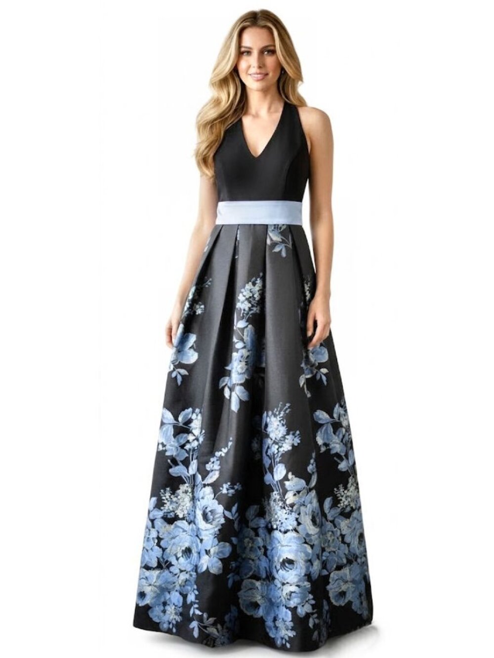 ELIZA J Evening - Two Tone Floral Printed A-Line Dress, Blue/Black/Gold Size 2